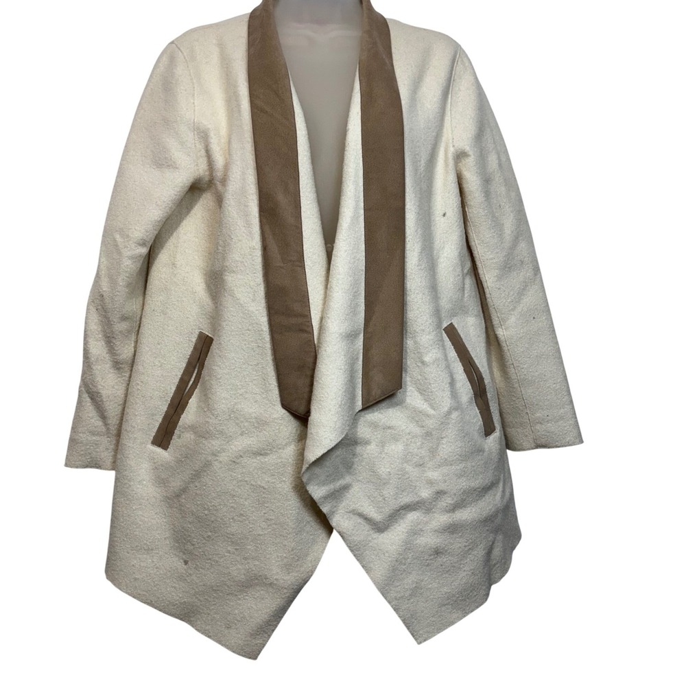 Kuna Cream Wool Blend Open Front Drape Coat Tan Shawl Collar Small Minimalist